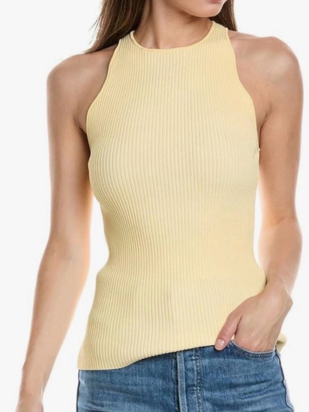 GANNI | Ribbed Knit Scallop High-Neck Tank Top in Butter Yellow